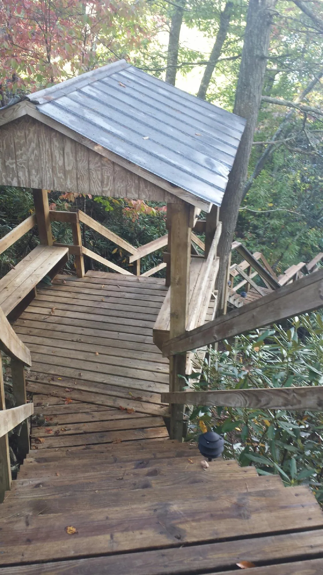 Metal roofed shelter over wooden steps on a wooded walkway — Skylight Repair & Installation work by our crew in Parmele